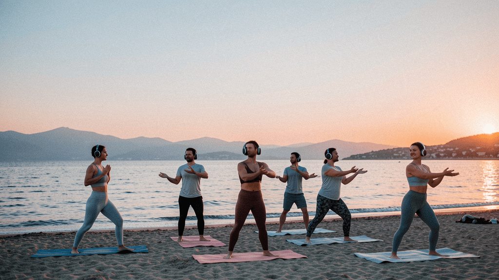 Konyaaltı sahilinde gün doğumunda kulaklıklarla birlikte hareket eden Silentflow topluluğu